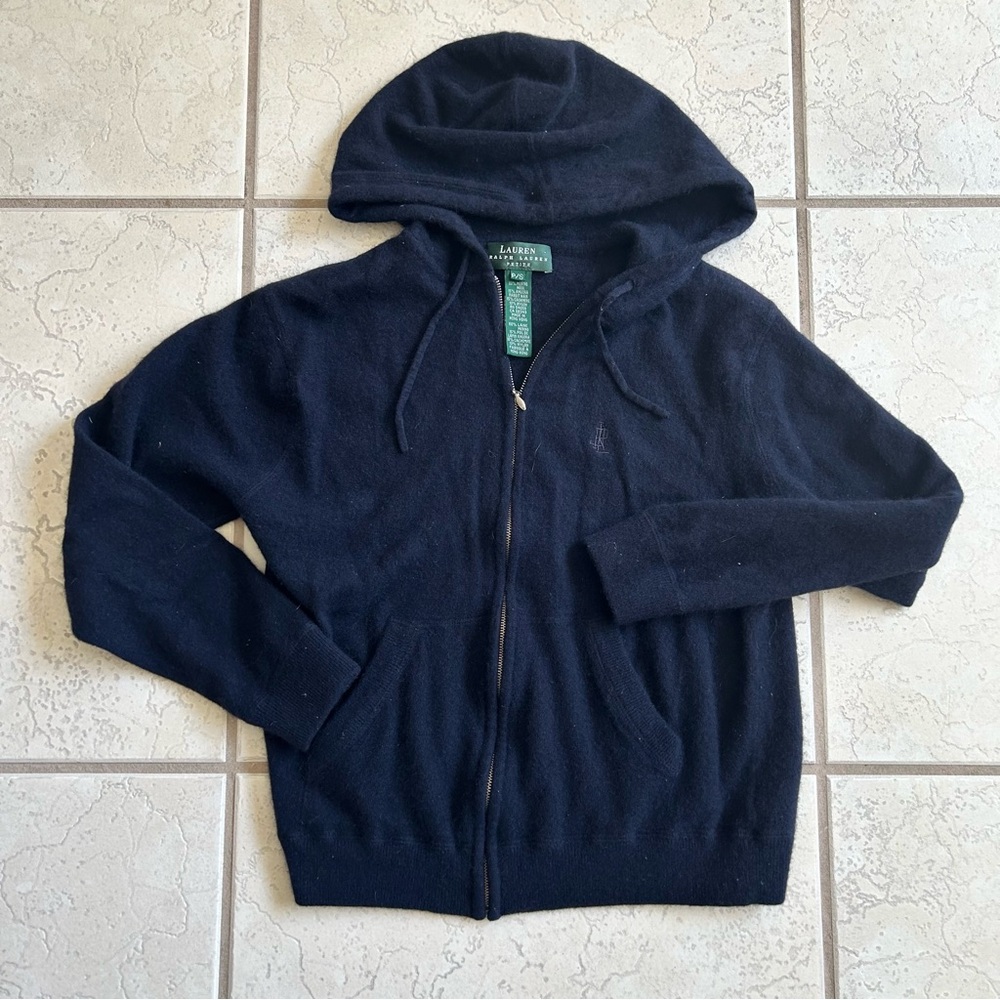 Ralph Lauren Sweater Women PS Merino Wool Cashmere Angora Hoodie Full Zip Blue